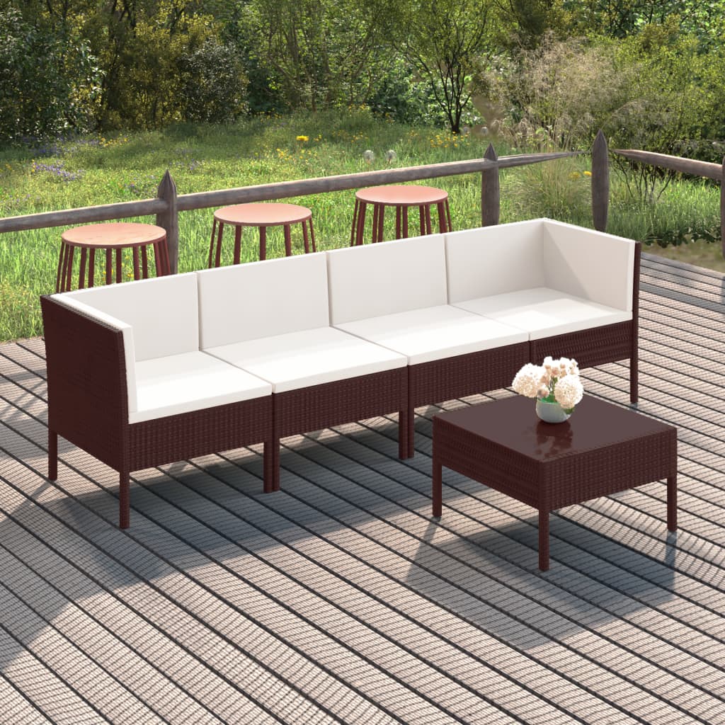 vidaXL 5-delige Loungeset met kussens poly rattan bruin