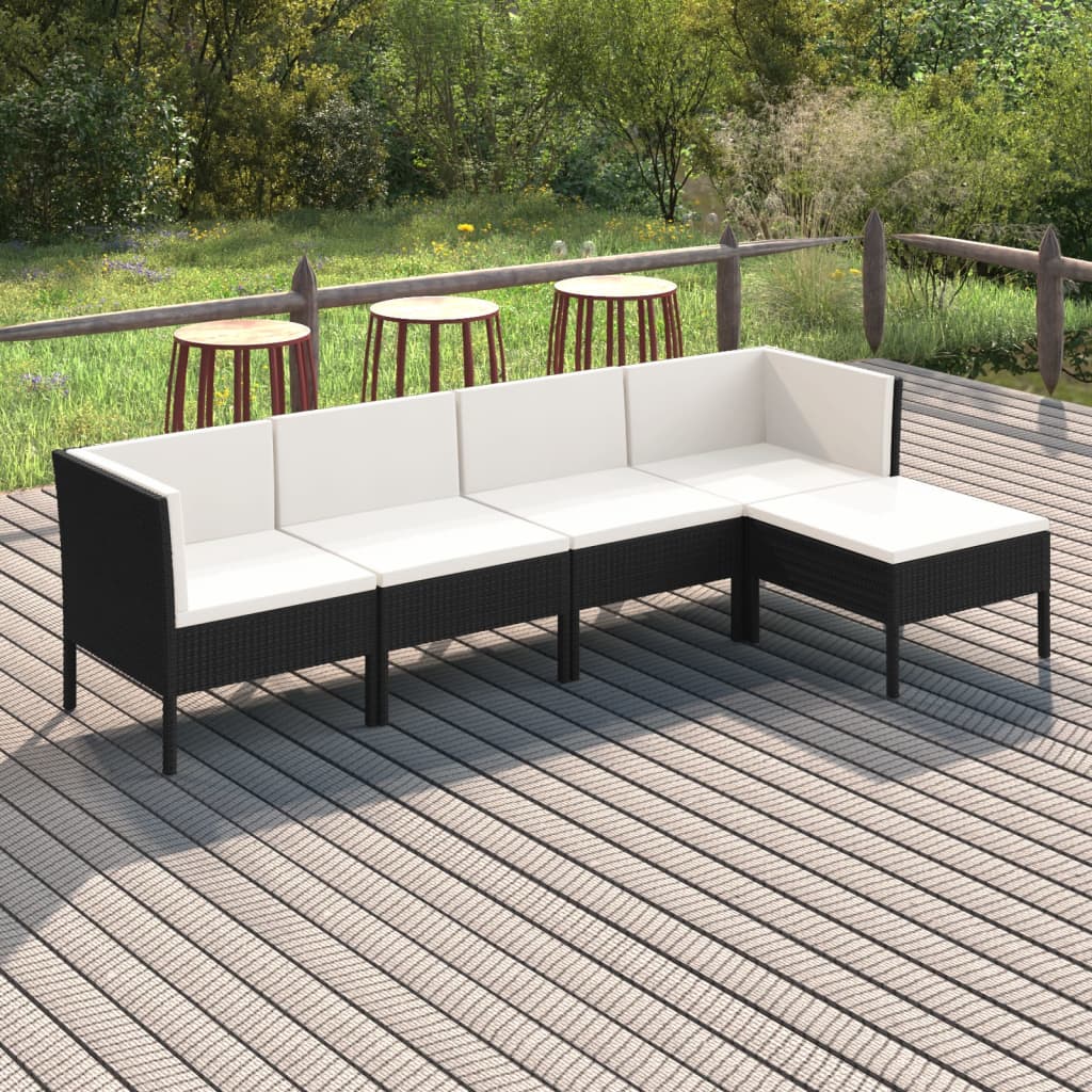 vidaXL 5-delige Loungeset met kussens poly rattan zwart