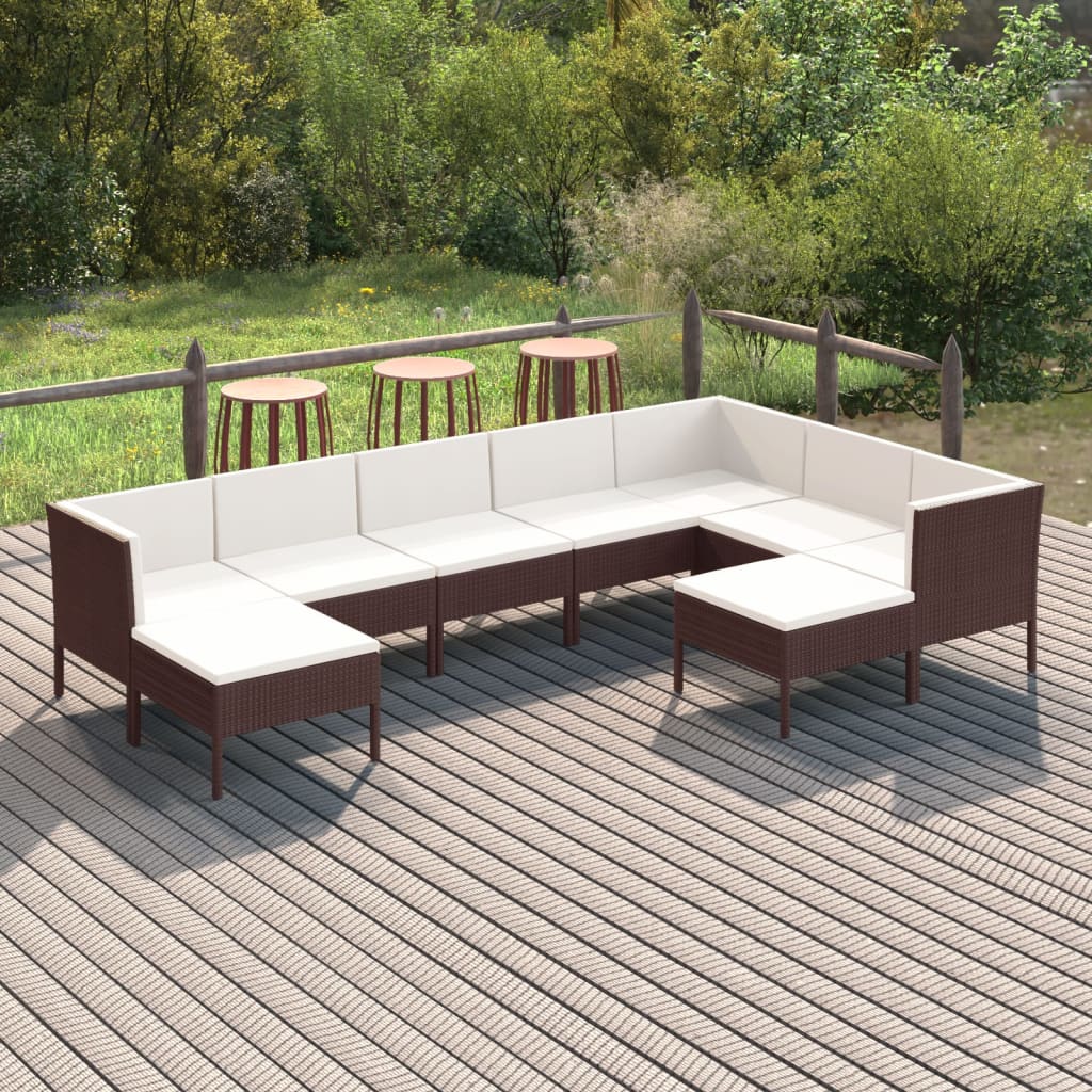 vidaXL 9-delige Loungeset met kussens poly rattan bruin