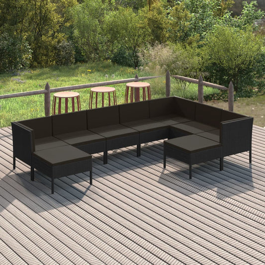 vidaXL 9-delige Loungeset met kussens poly rattan zwart