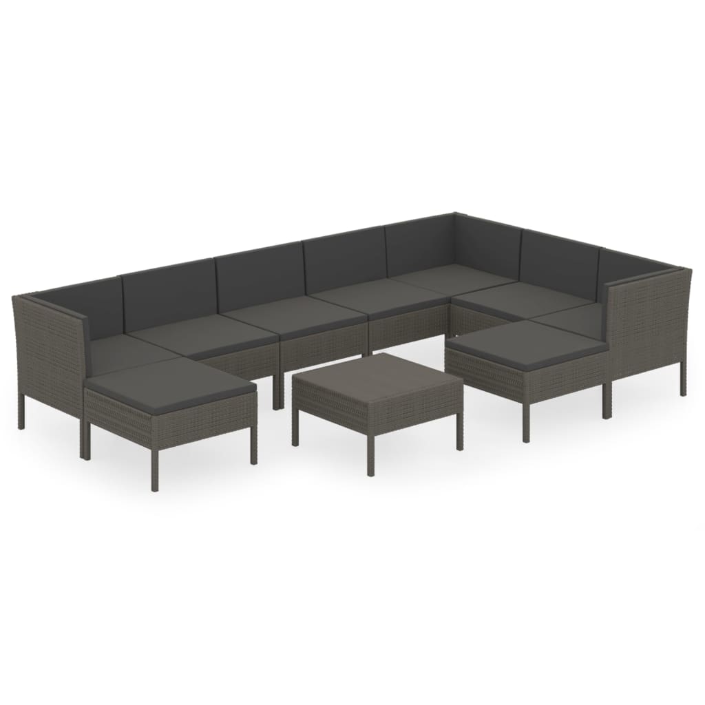 vidaXL 10-delige Loungeset met kussens poly rattan grijs