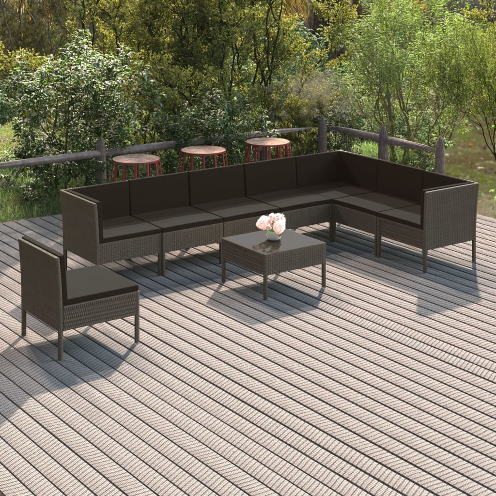 vidaXL 9-delige Loungeset met kussens poly rattan grijs