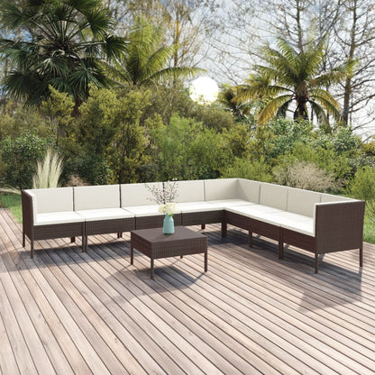 vidaXL 9-delige Loungeset met kussens poly rattan bruin