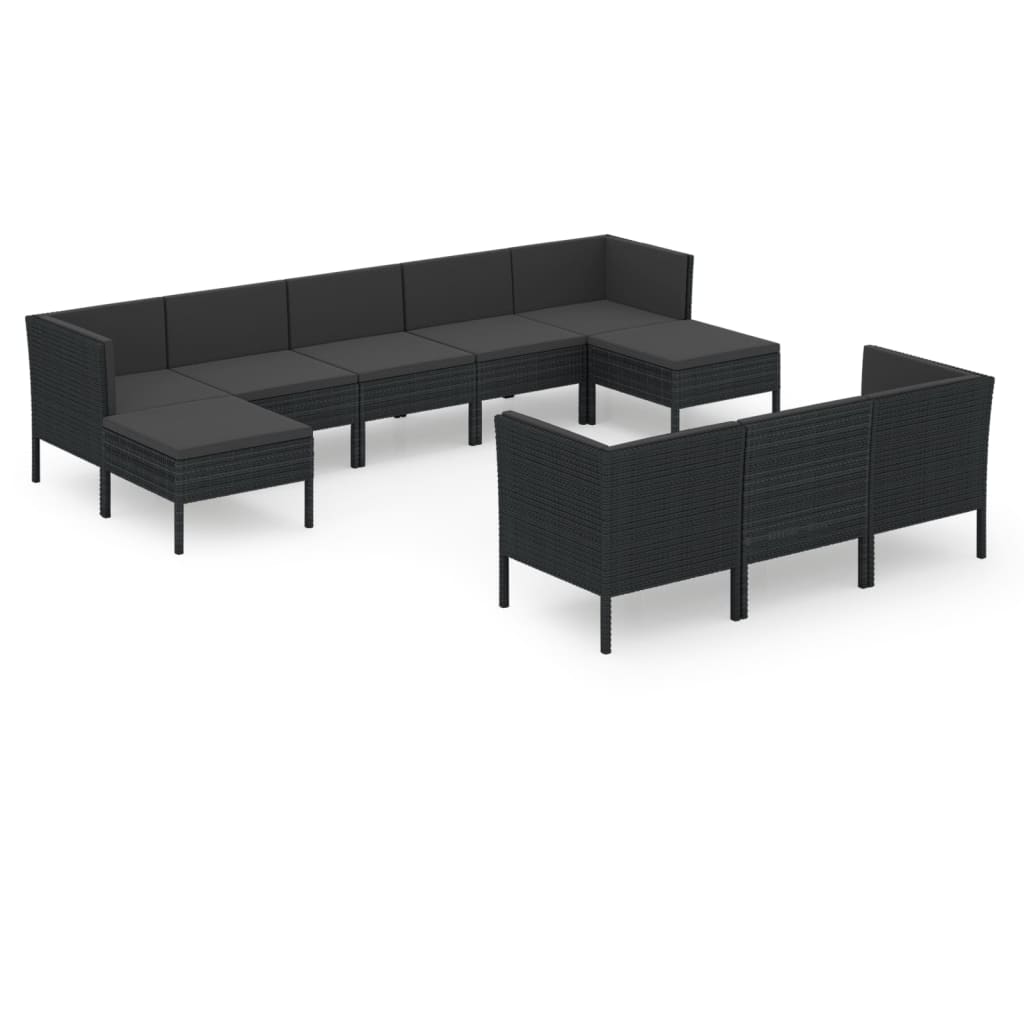 vidaXL 10-delige Loungeset met kussens poly rattan zwart