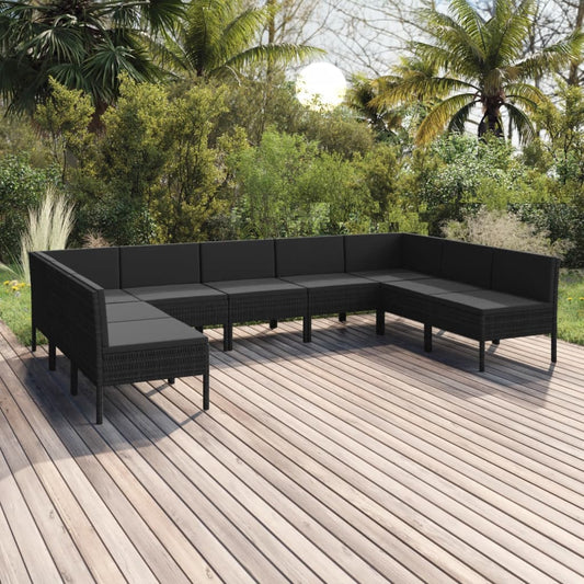 vidaXL 9-delige Loungeset met kussens poly rattan zwart