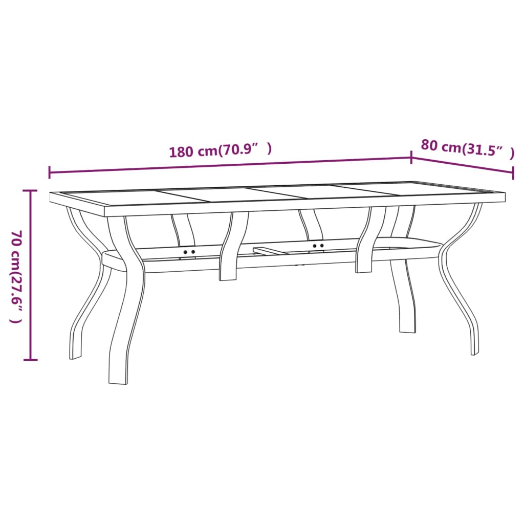 vidaXL Tuintafel 180x80x70 cm staal en glas grijs en zwart