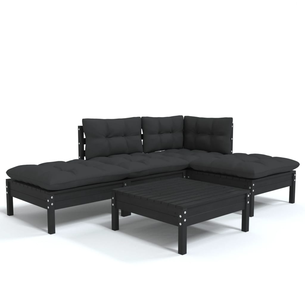 vidaXL 5-delige Loungeset met kussens grenenhout zwart