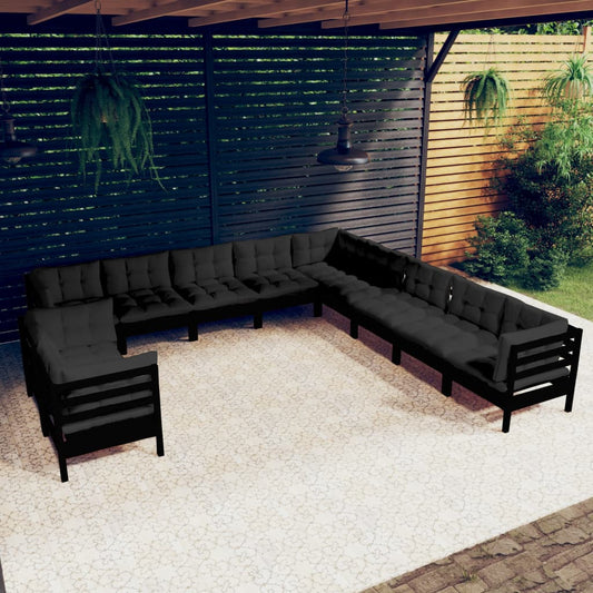 vidaXL 11-delige Loungeset met kussens massief grenenhout zwart