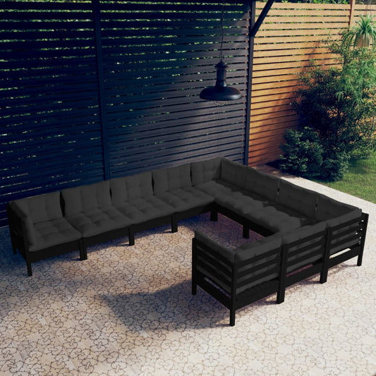 vidaXL 10-delige Loungeset met kussens grenenhout zwart