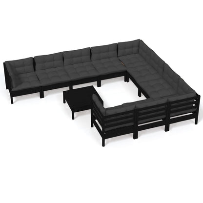 vidaXL 11-delige Loungeset met kussens grenenhout zwart