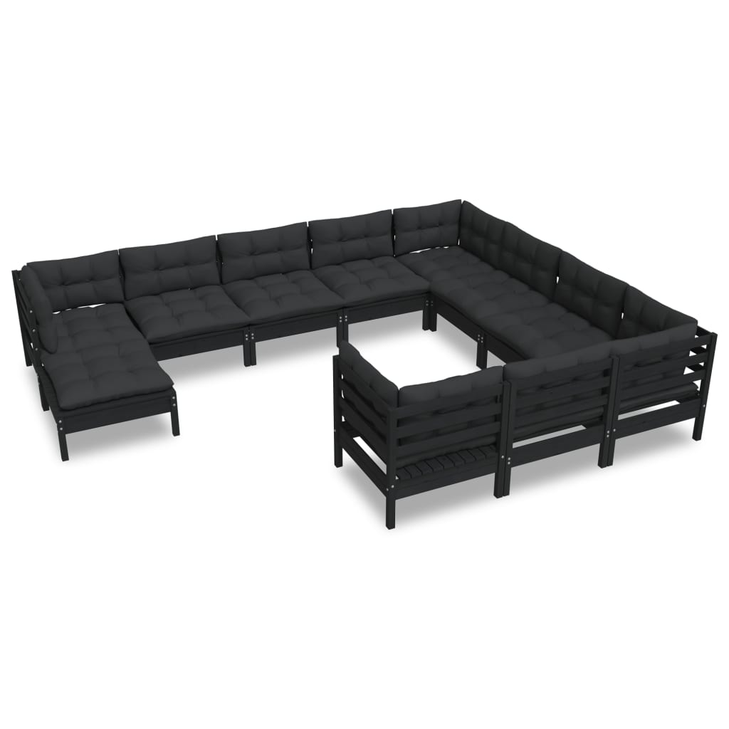 vidaXL 11-delige Loungeset met kussens grenenhout zwart