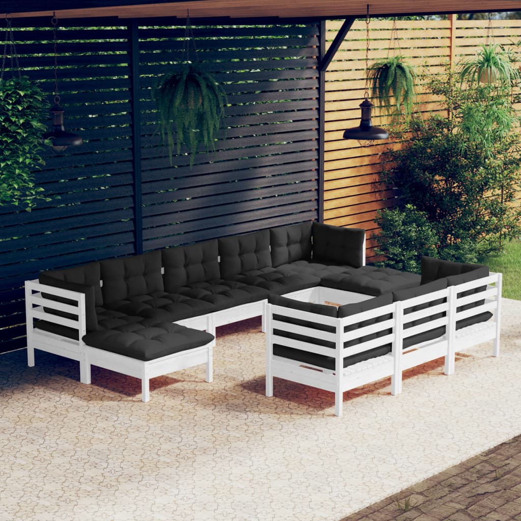 vidaXL 10-delige Loungeset met kussens massief grenenhout wit