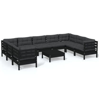 vidaXL 10-delige Loungeset met kussens grenenhout zwart