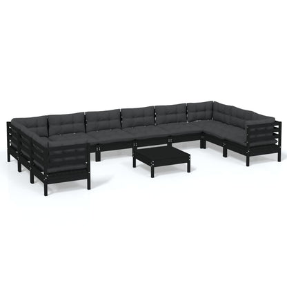 vidaXL 11-delige Loungeset met kussens grenenhout zwart