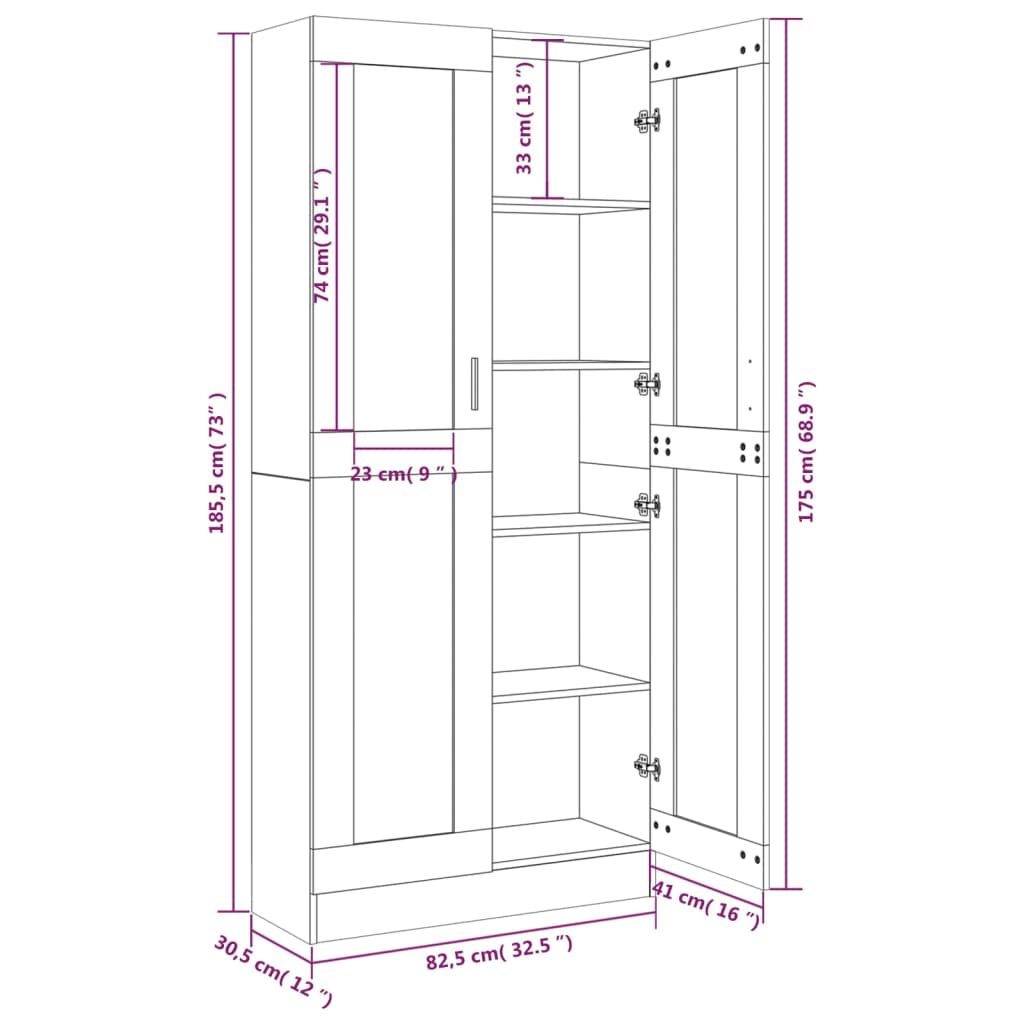 vidaXL Vitrinekast 82,5x30,5x185,5 cm bewerkt hout gerookt eikenkleur