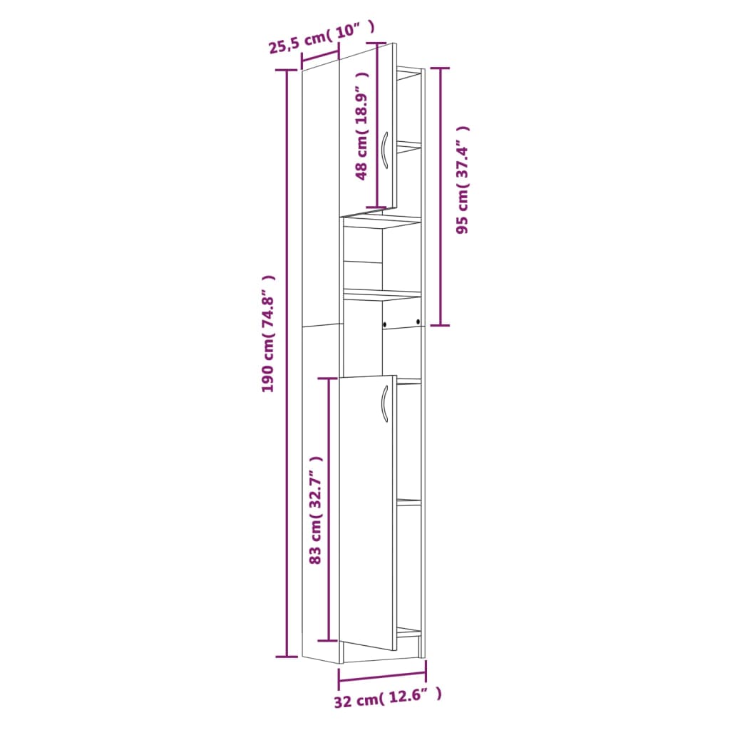 vidaXL Badkamerkast 32x25,5x190 cm bewerkt hout grijs sonoma eiken