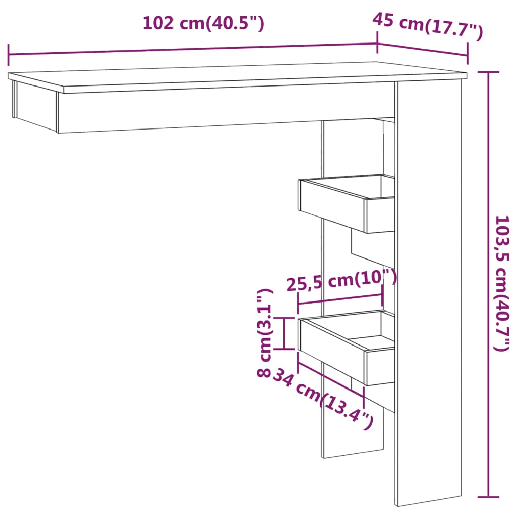 vidaXL Bartafel wandgemonteerd 102x45x103,5 cm bewerkt hout zwart