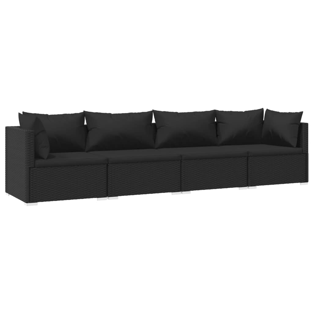 vidaXL 4-delige Loungeset met kussens poly rattan zwart