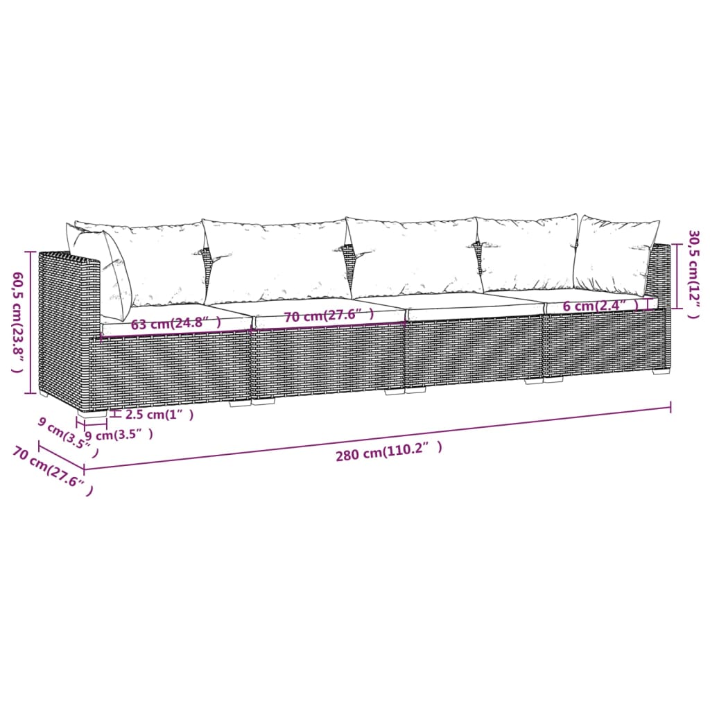 vidaXL 4-delige Loungeset met kussens poly rattan zwart