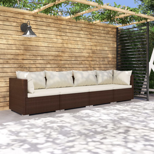 vidaXL 4-delige Loungeset met kussens poly rattan bruin