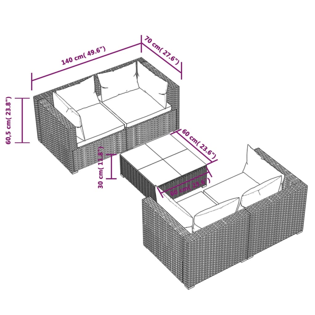 vidaXL 5-delige Loungeset met kussens poly rattan zwart