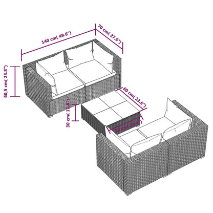 vidaXL 5-delige Loungeset met kussens poly rattan grijs