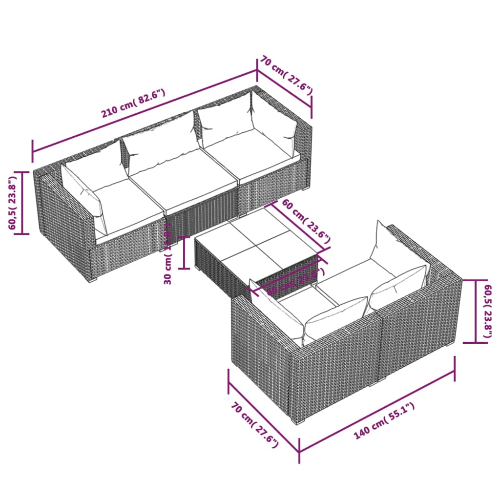 vidaXL 6-delige Loungeset met kussens poly rattan zwart