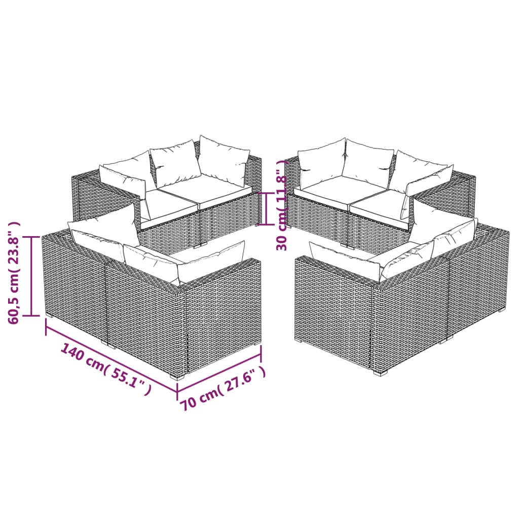 vidaXL 8-delige Loungeset met kussens poly rattan bruin