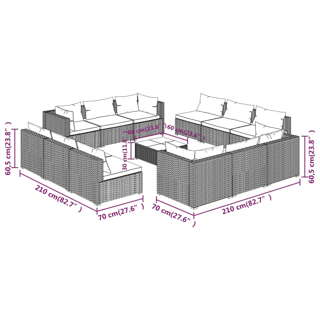 vidaXL 13-delige Loungeset met kussens poly rattan bruin