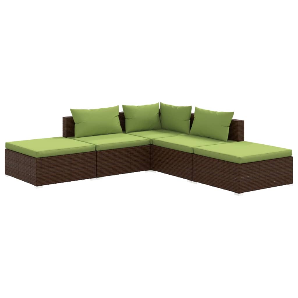 vidaXL 5-delige Loungeset met kussens poly rattan bruin