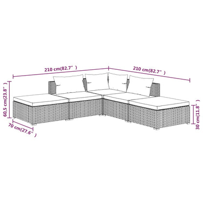 vidaXL 5-delige Loungeset met kussens poly rattan bruin