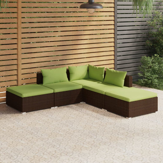 vidaXL 5-delige Loungeset met kussens poly rattan bruin