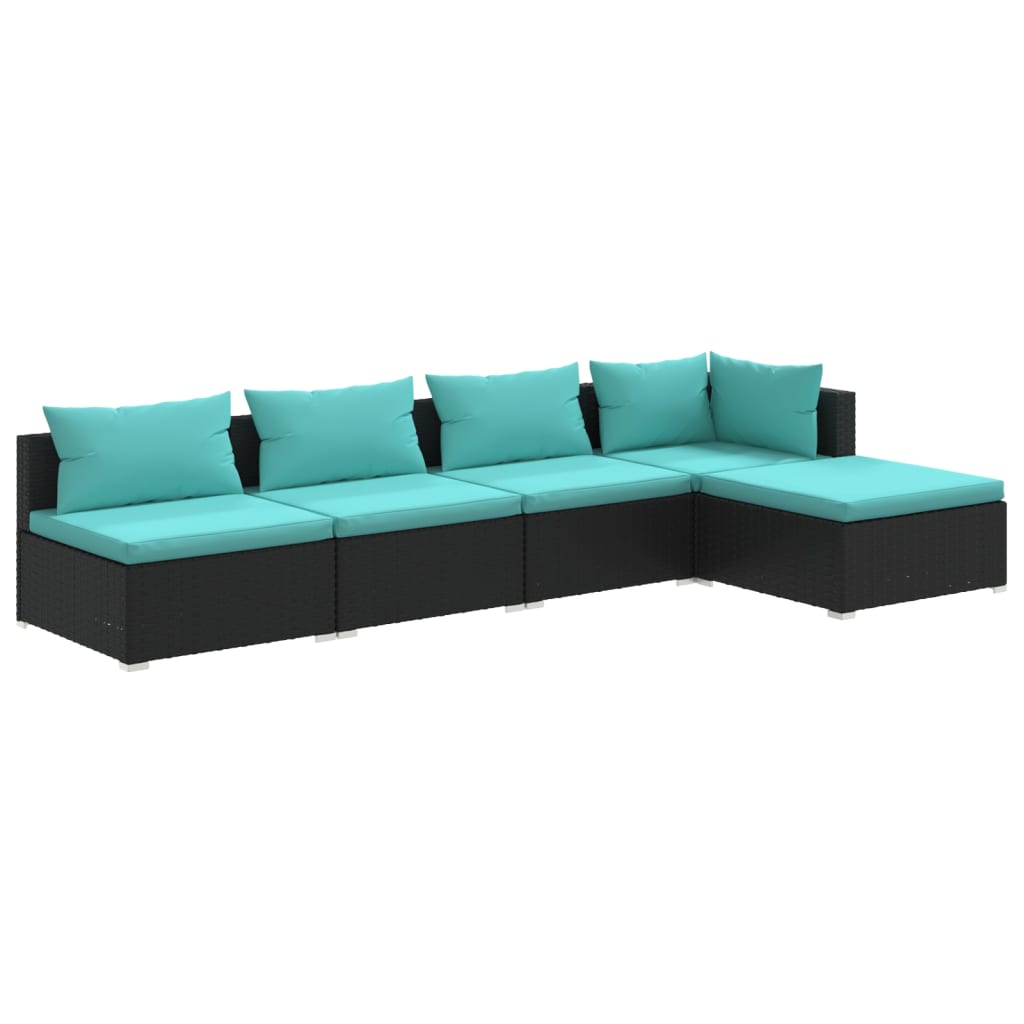 vidaXL 5-delige Loungeset met kussens poly rattan zwart