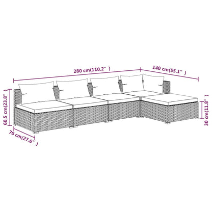 vidaXL 5-delige Loungeset met kussens poly rattan zwart