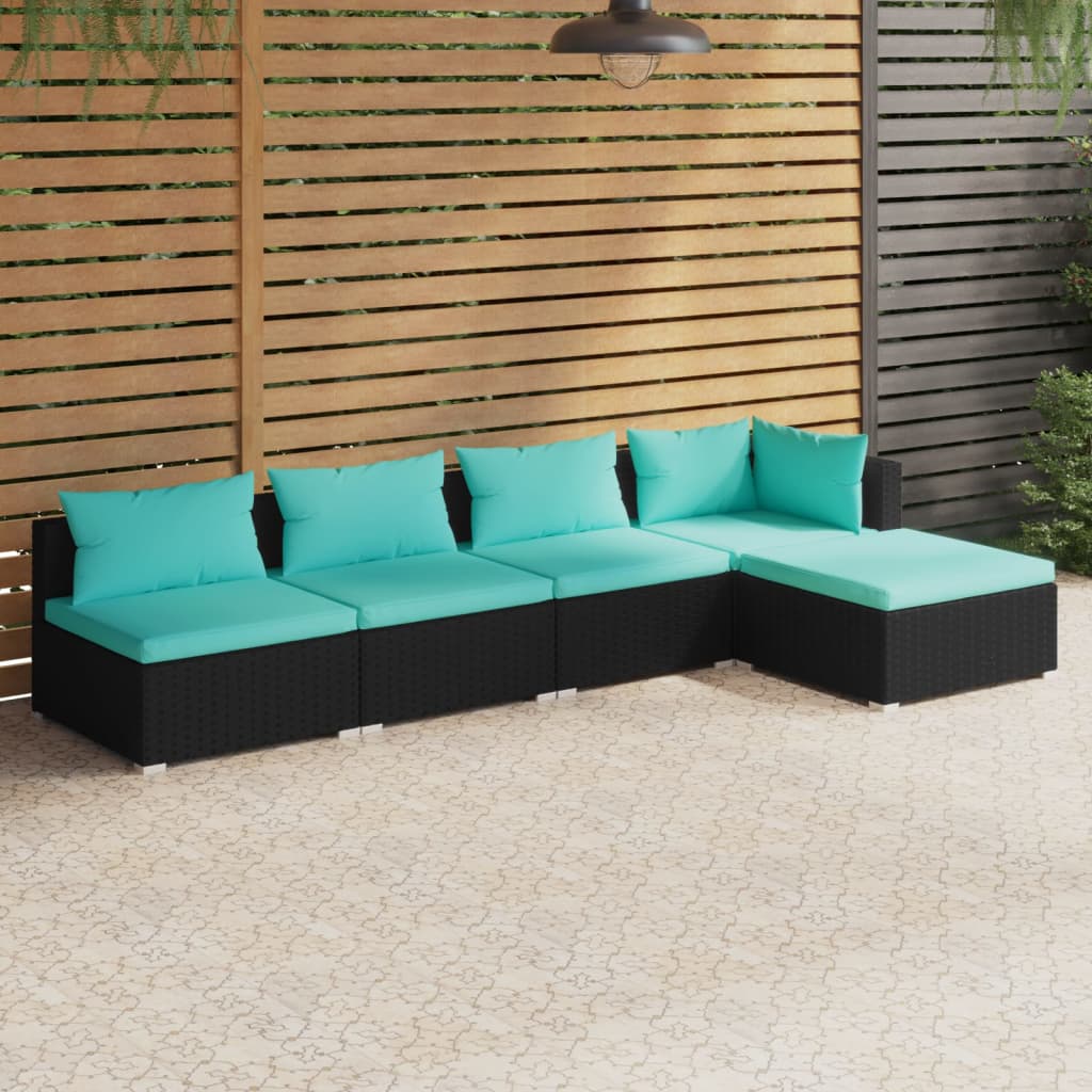 vidaXL 5-delige Loungeset met kussens poly rattan zwart