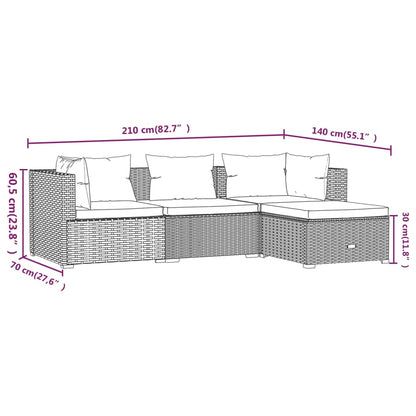 vidaXL 4-delige Loungeset met kussens poly rattan bruin