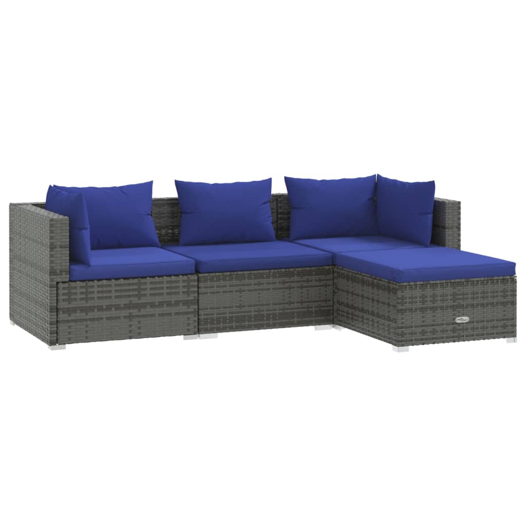 vidaXL 4-delige Loungeset met kussens poly rattan grijs