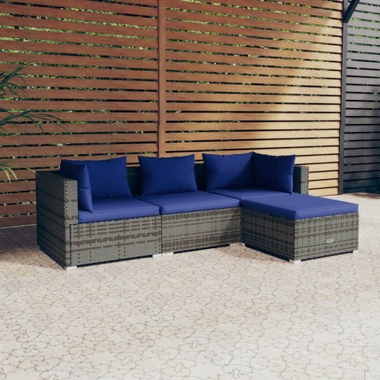 vidaXL 4-delige Loungeset met kussens poly rattan grijs