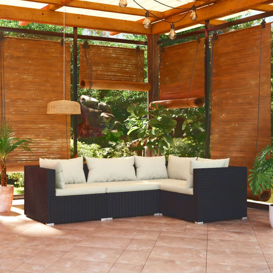 vidaXL 4-delige Loungeset met kussens poly rattan zwart