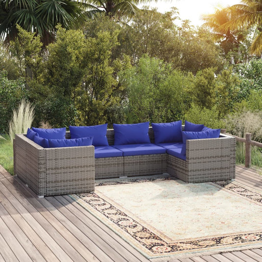 vidaXL 6-delige Loungeset met kussens poly rattan grijs