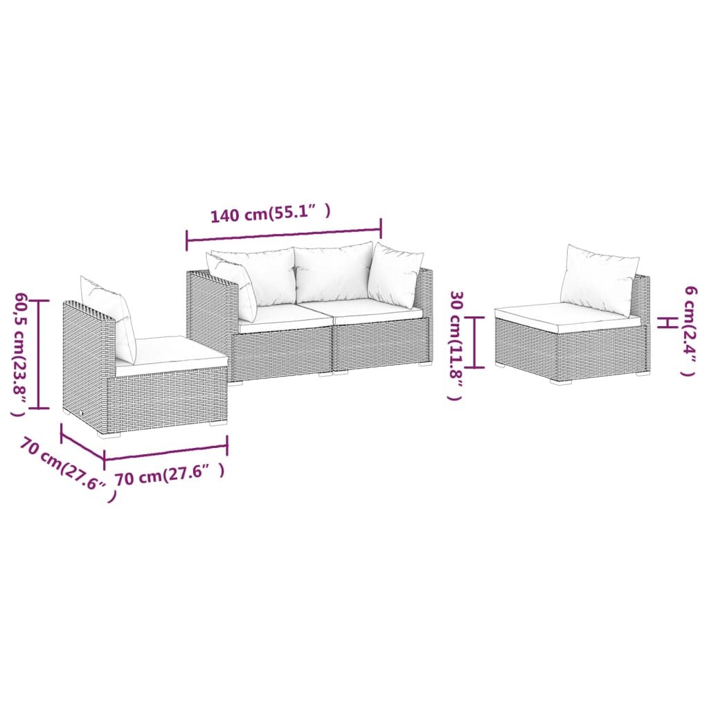 vidaXL 4-delige Loungeset met kussens poly rattan zwart