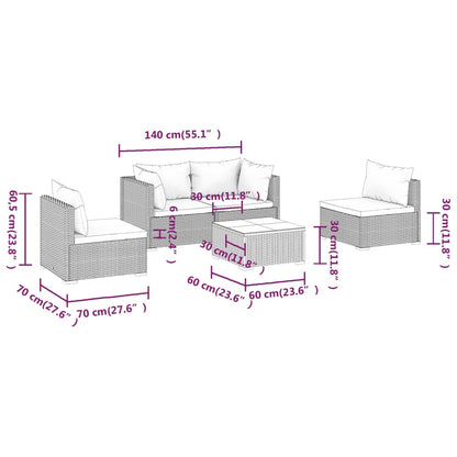 vidaXL 5-delige Loungeset met kussens poly rattan grijs