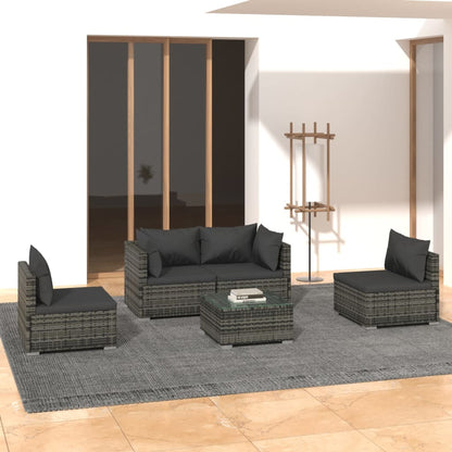 vidaXL 5-delige Loungeset met kussens poly rattan grijs