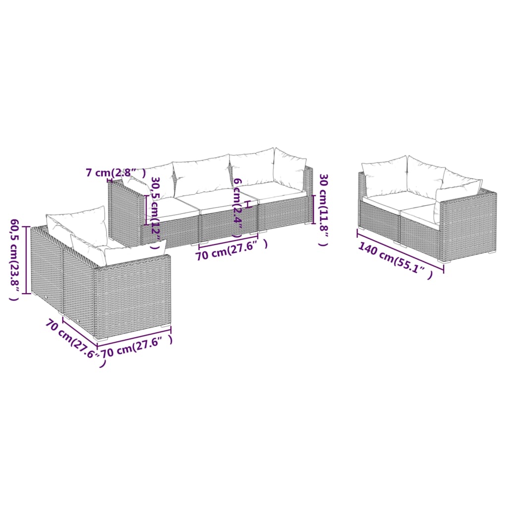 vidaXL 7-delige Loungeset met kussens poly rattan zwart