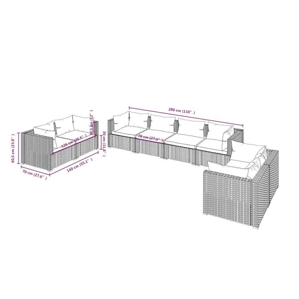 vidaXL 8-delige Loungeset met kussens poly rattan grijs