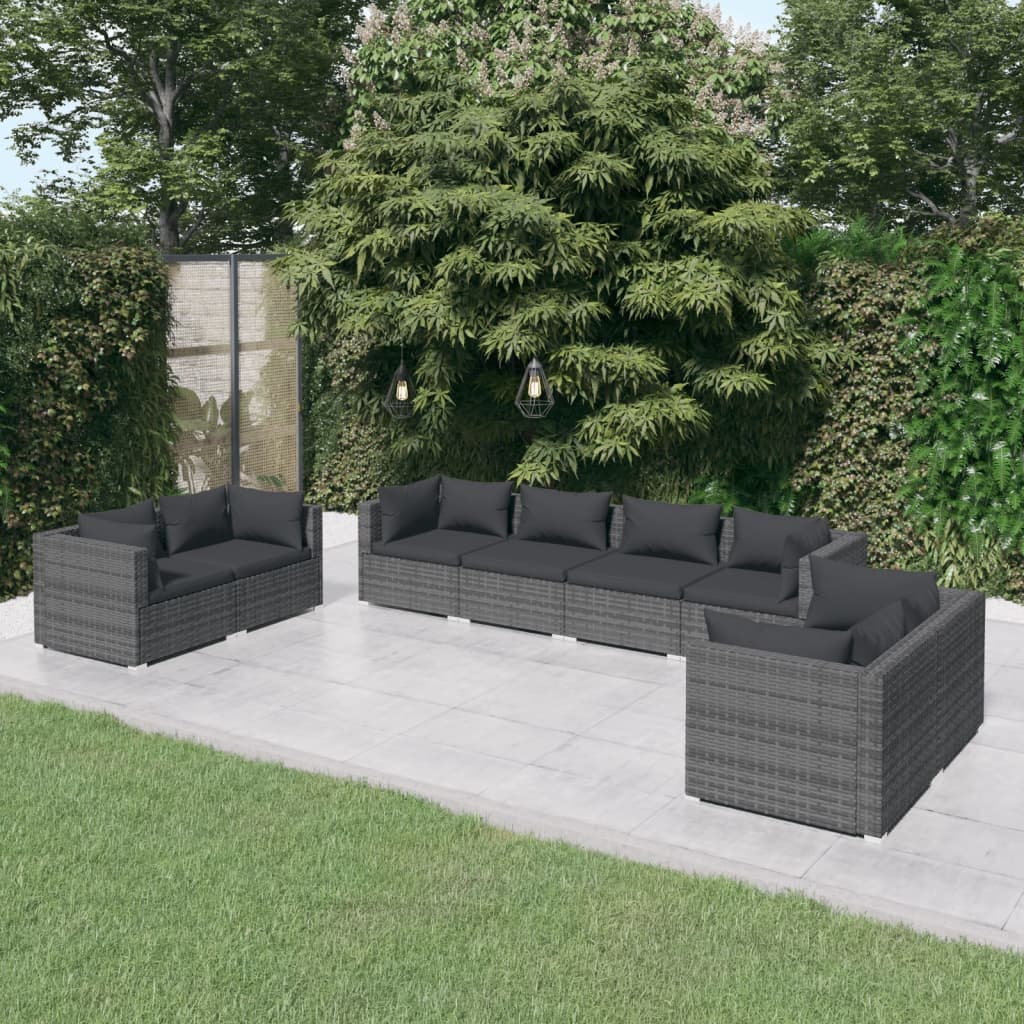 vidaXL 8-delige Loungeset met kussens poly rattan grijs