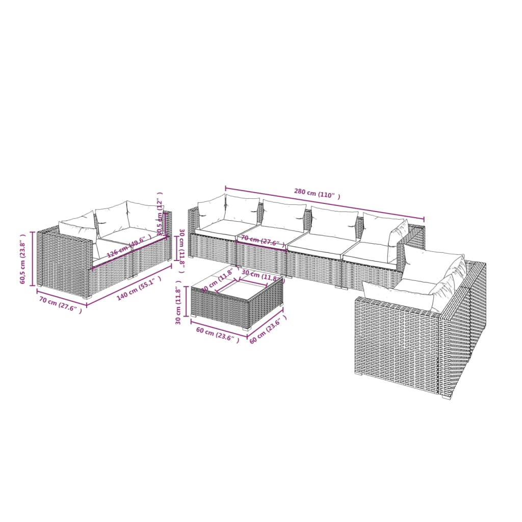 vidaXL 9-delige Loungeset met kussens poly rattan zwart