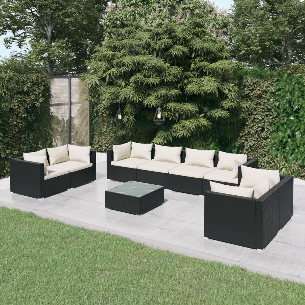 vidaXL 9-delige Loungeset met kussens poly rattan zwart