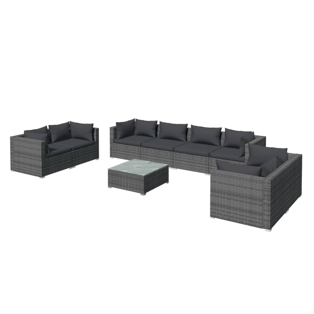 vidaXL 9-delige Loungeset met kussens poly rattan grijs