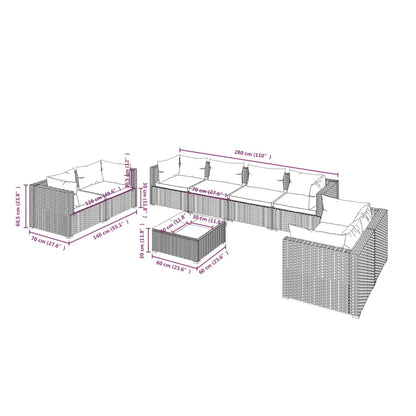 vidaXL 9-delige Loungeset met kussens poly rattan grijs